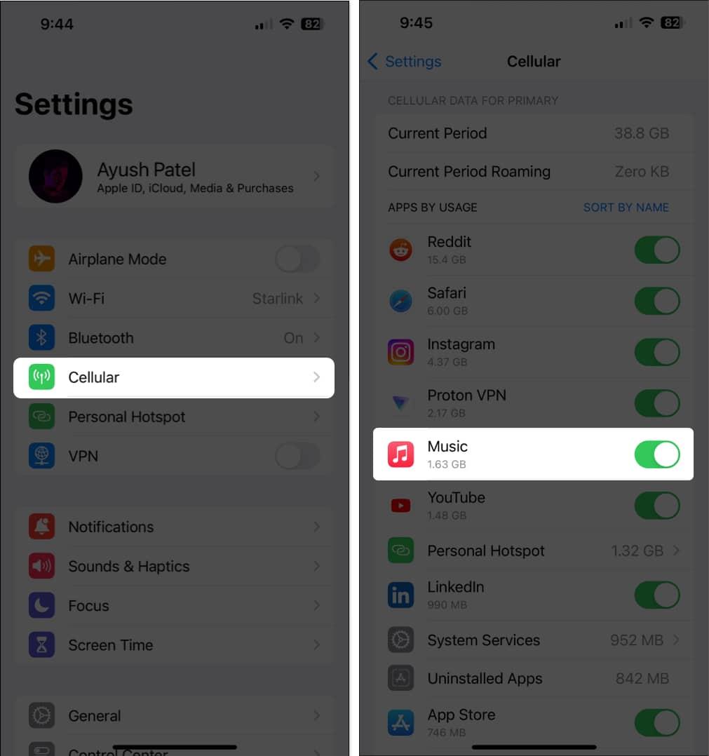Toggle on Cellular data for Apple Music