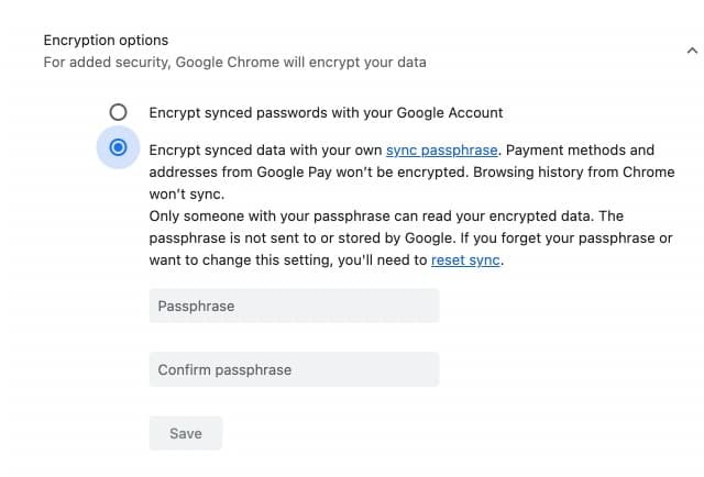select encrypt synced data with passphrase in google settings