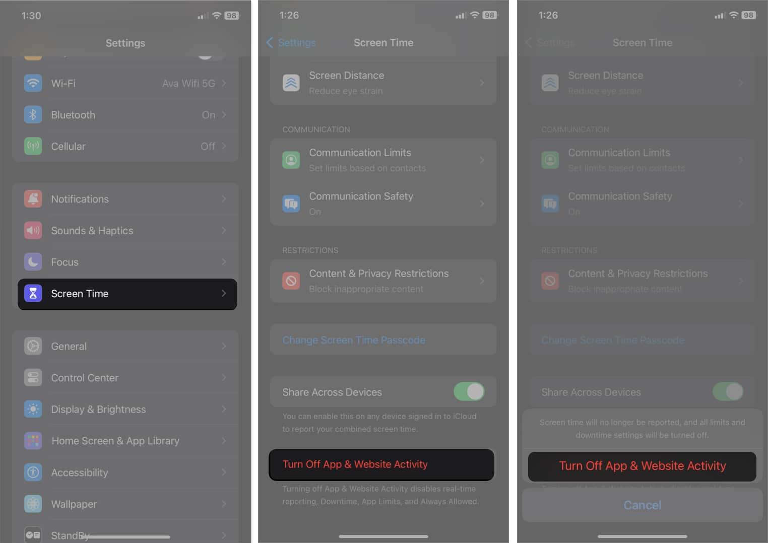 tap screen time, turn off app and web activity in settings