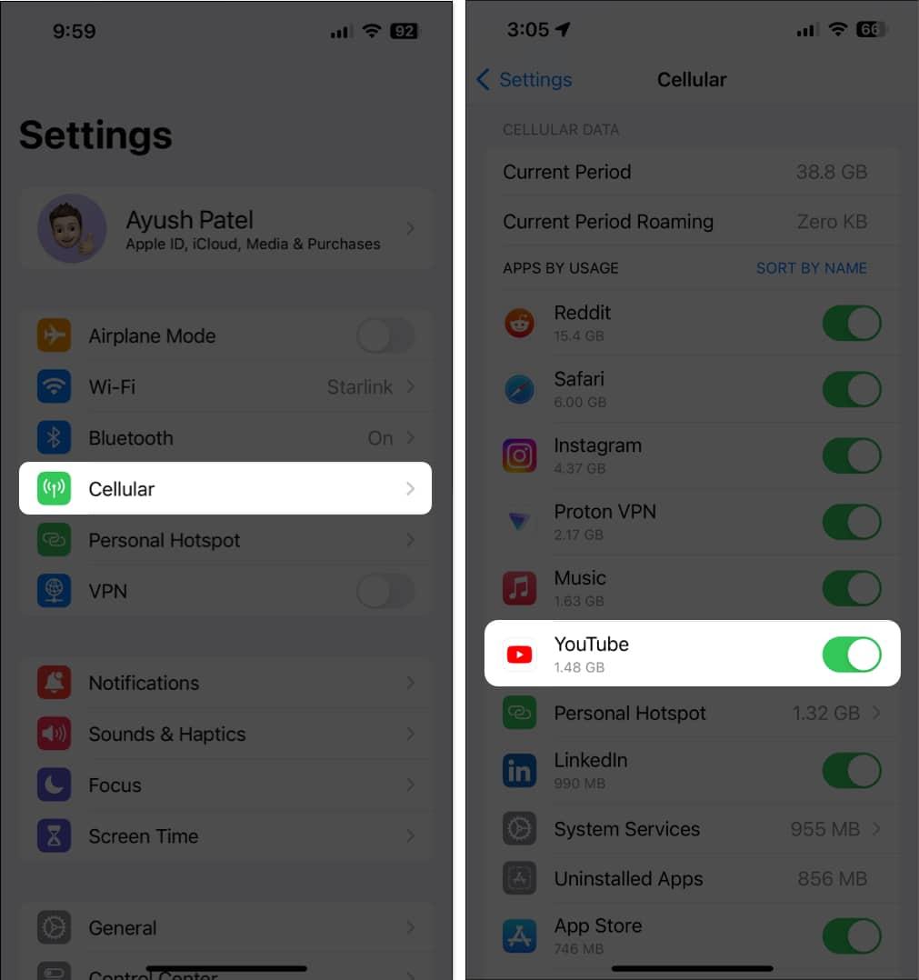 Check if YouTube can access cellular data