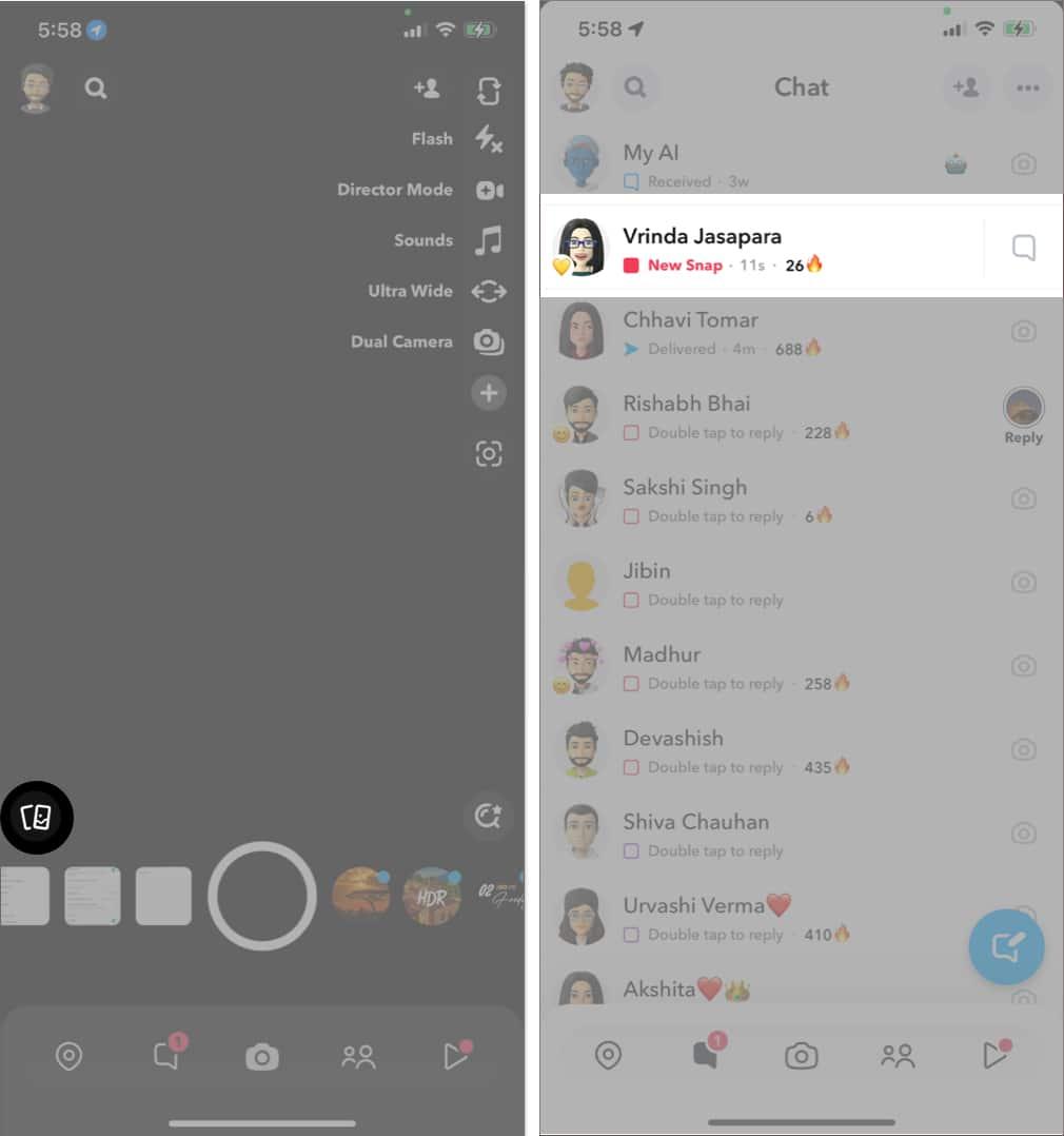 Navigate to the Chats tab and find the chat you wish to save a snap from