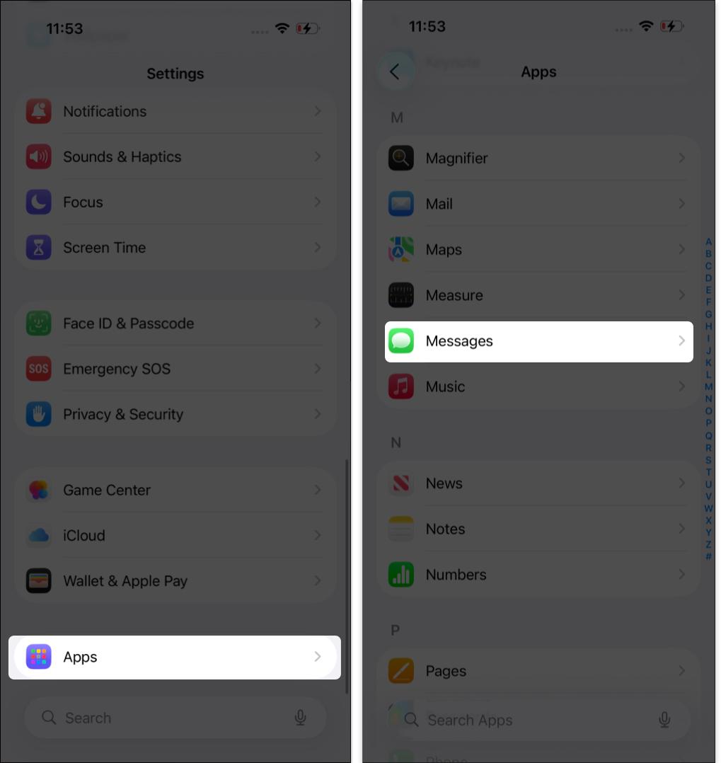 Open Settings, Tap Apps and Choose Messages