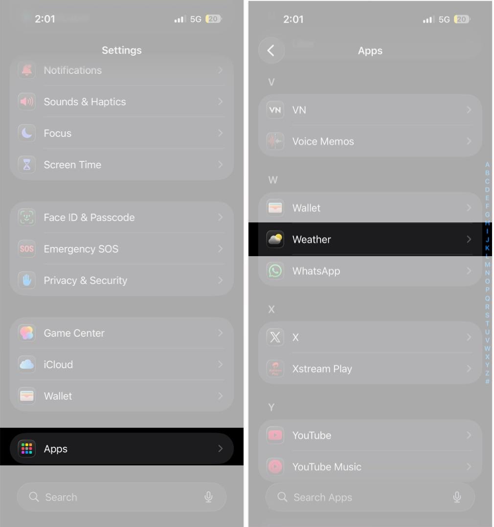 Open Settings go to Apps and select Weather