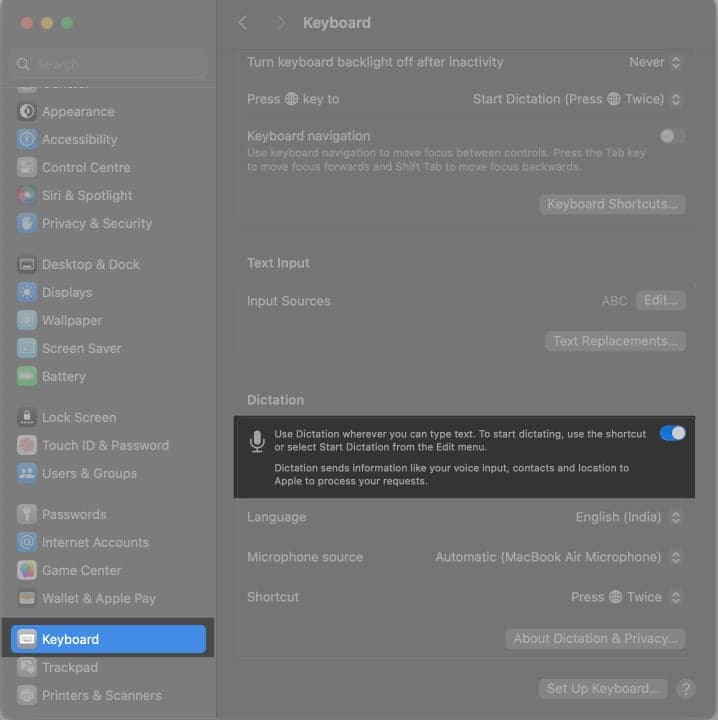 Scroll down to Keyboad section and toggle on the button next to the Mic icon