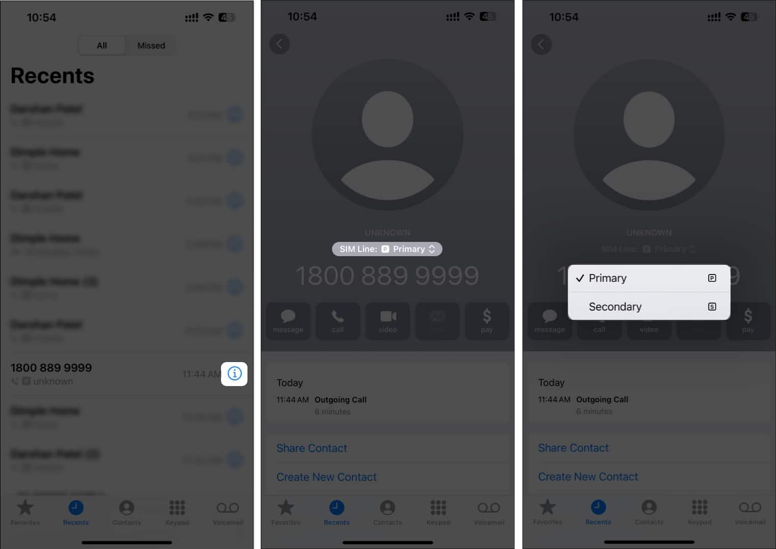 Select a different sim when calling unknown numbers
