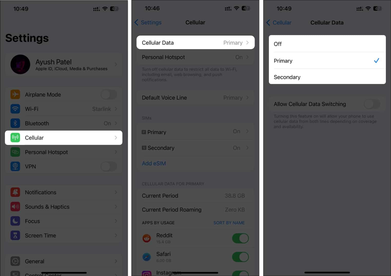 Select preferred sim for cellular data from settings