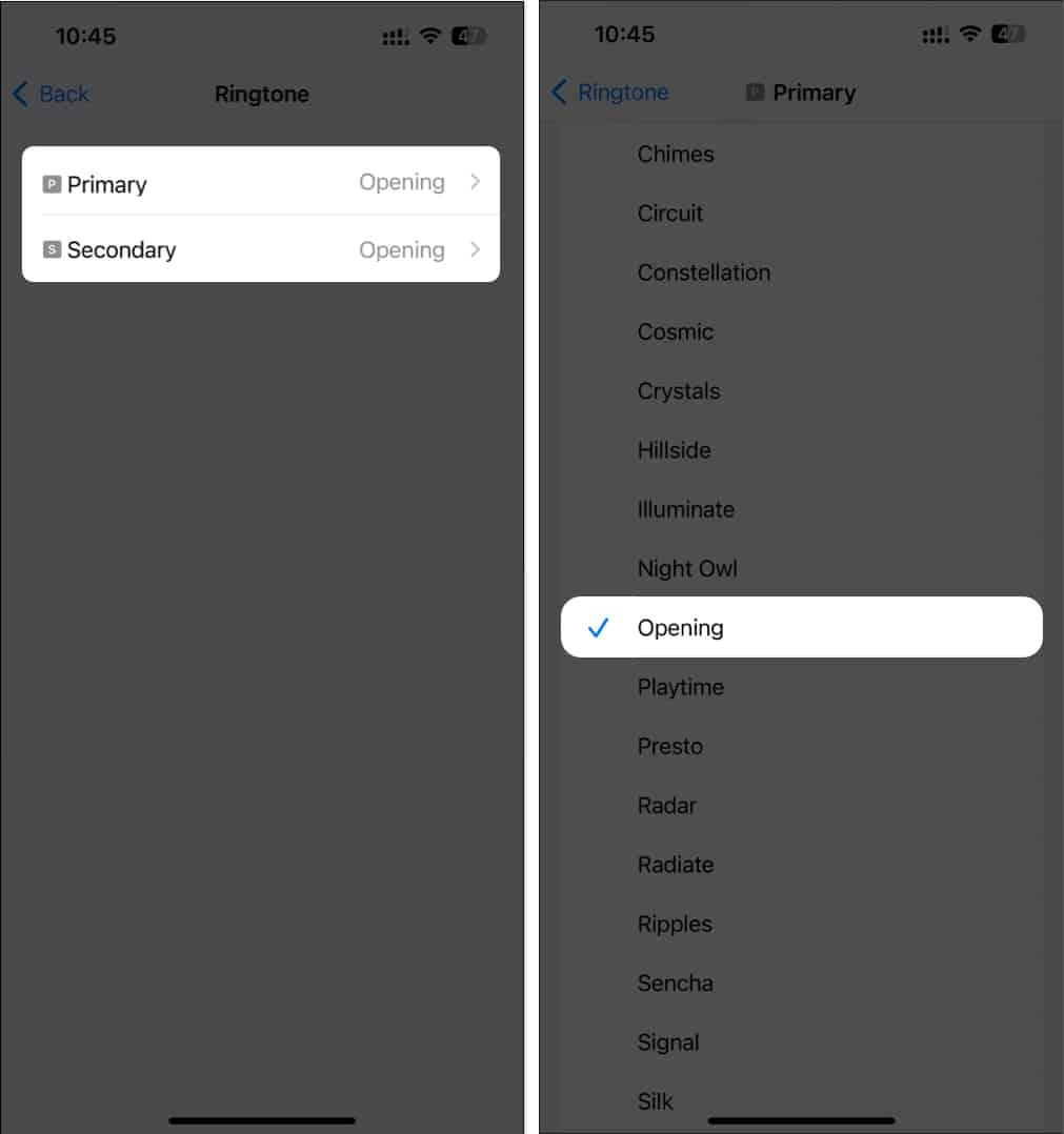 Select your primary or secondary sim and select preferred ringtone