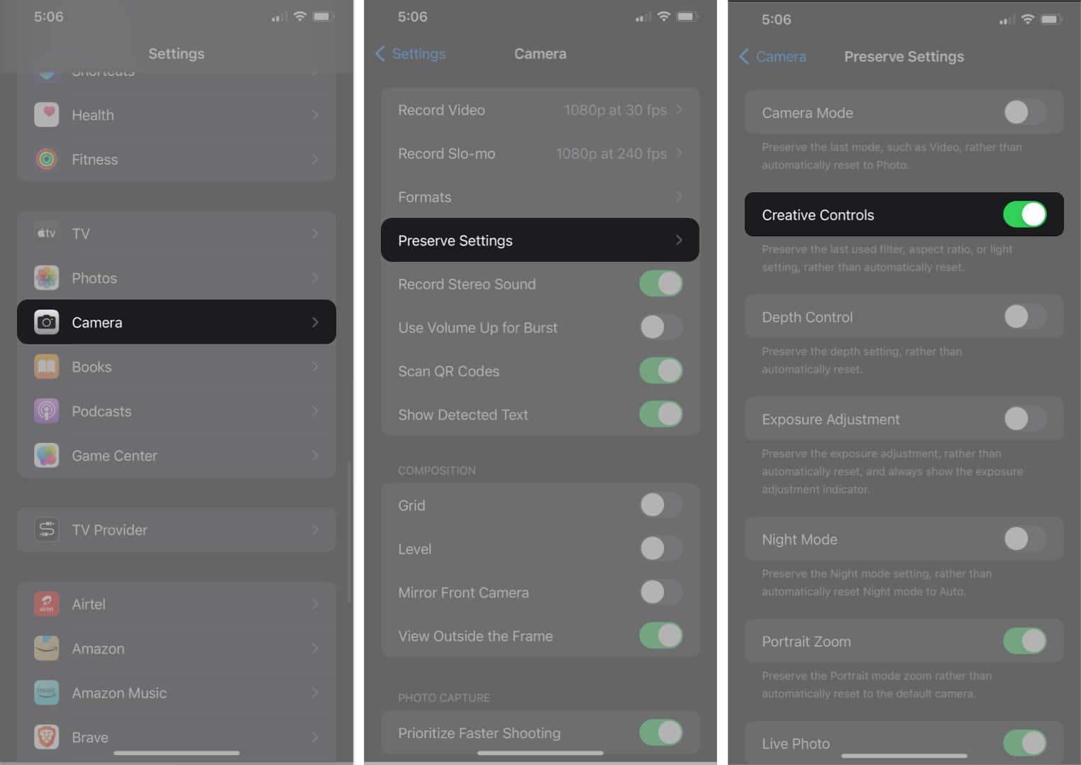 Settings, Camera, Preserve Settings, Toggle on Creative Controls