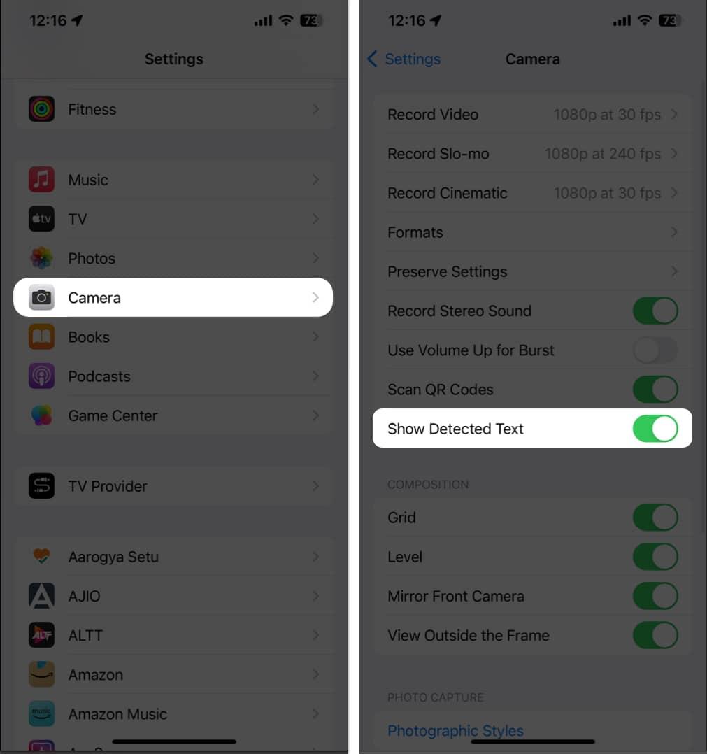 Tap Camera, toggle on Show Detected text