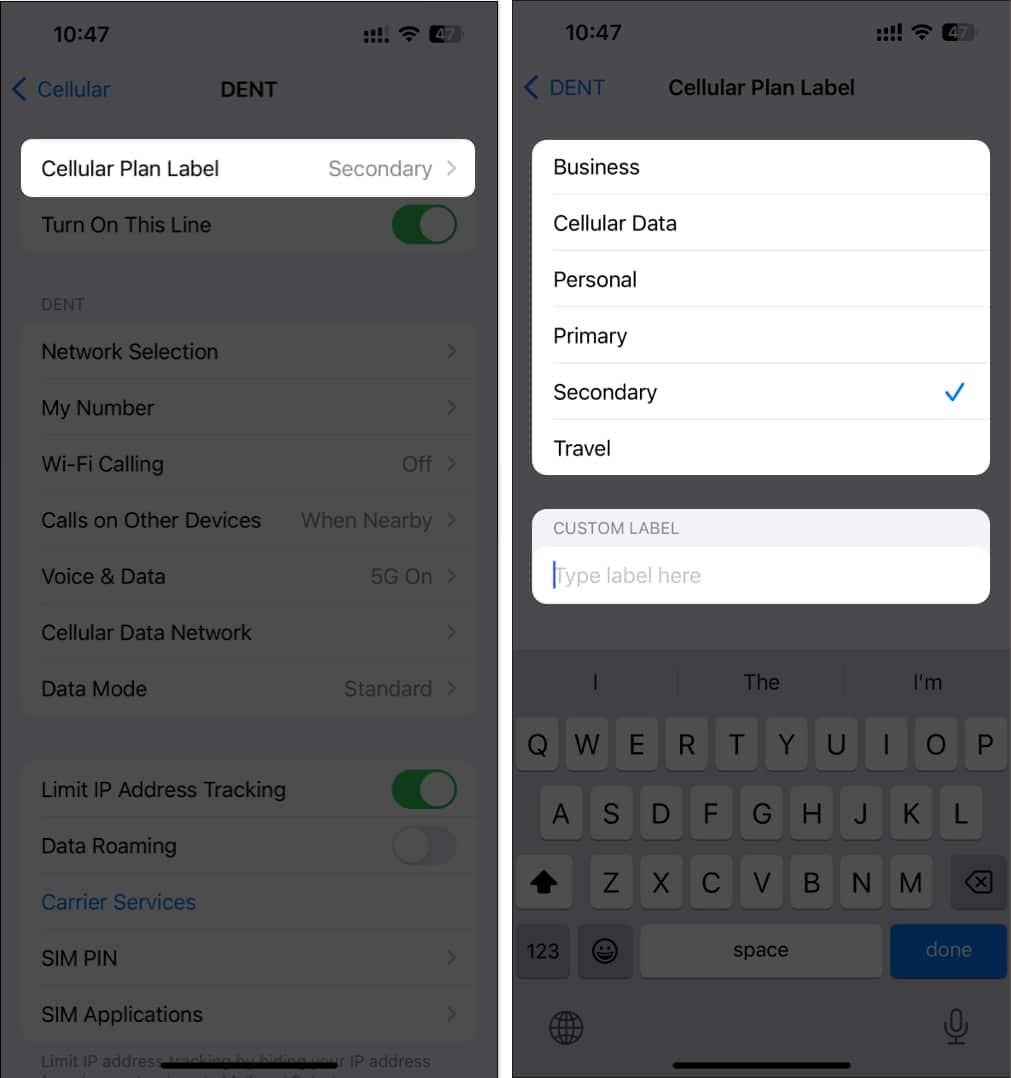 Tap cellular plan label and select a suggested label