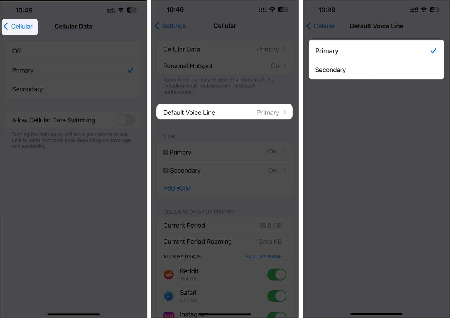 Tap default voice line and select preferred sim