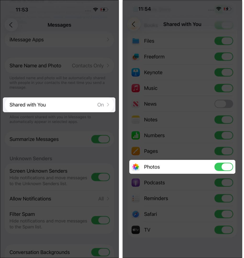 Tap Shared with you and toggle on Photos