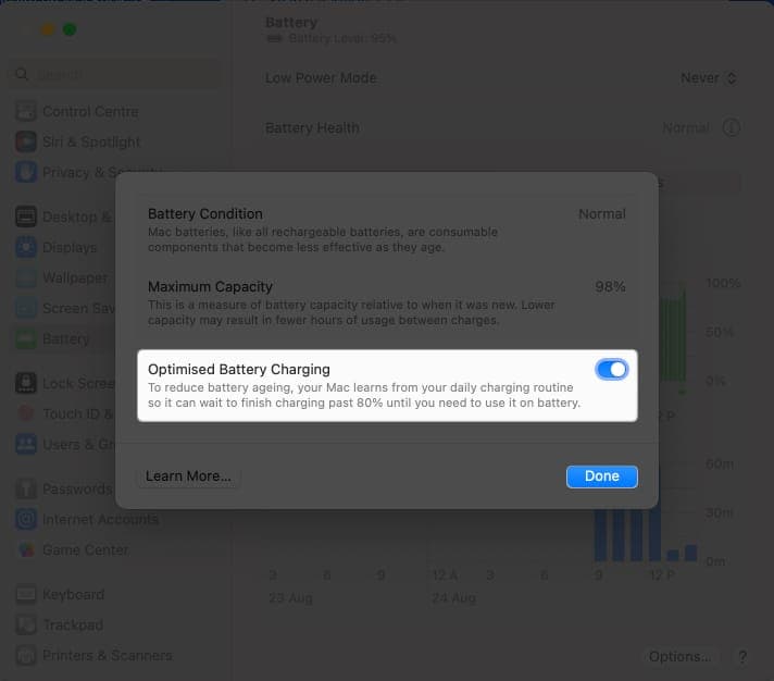 Toggle on optimised battery charging in system settings