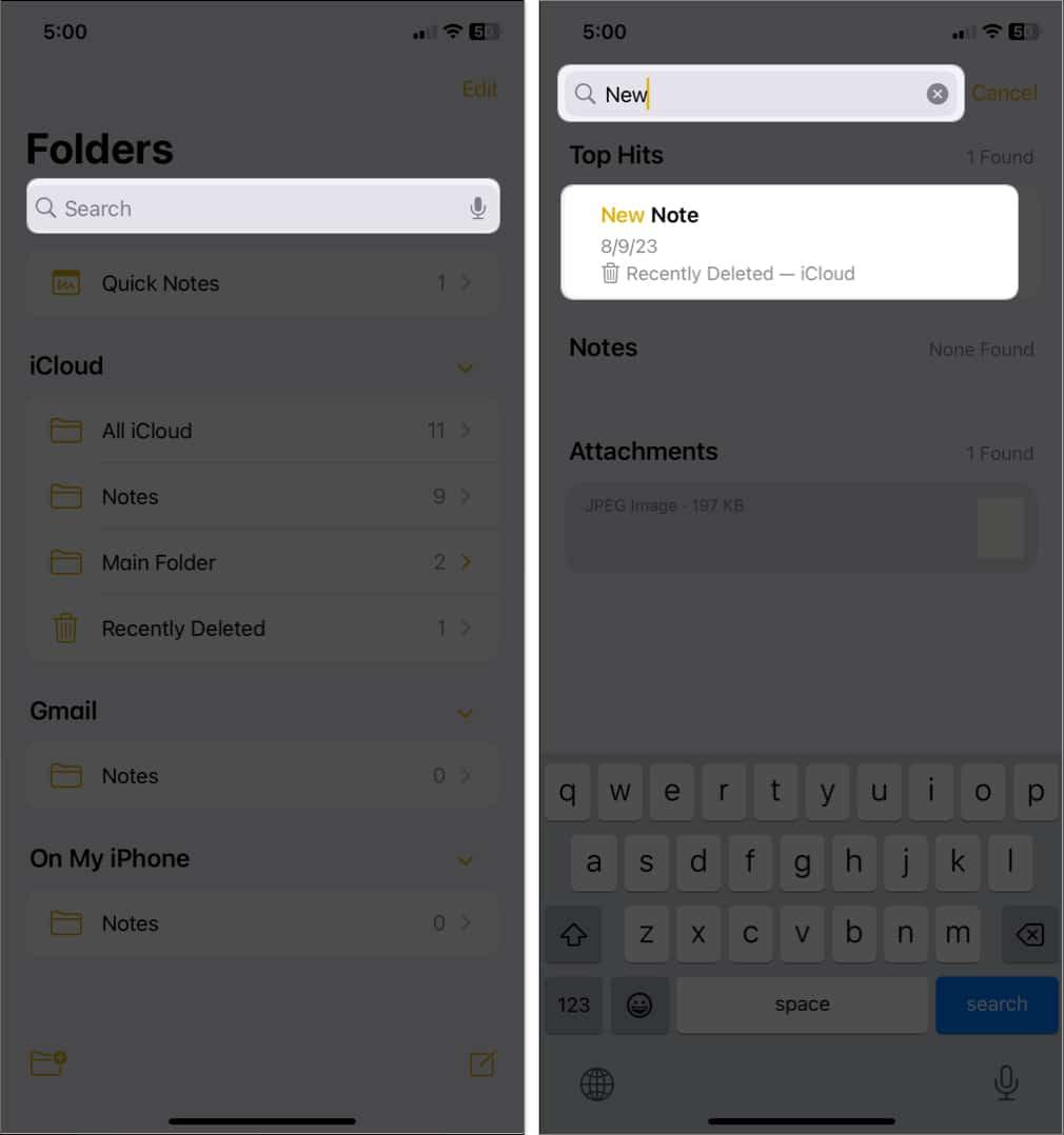 search your notes and open it in notes app