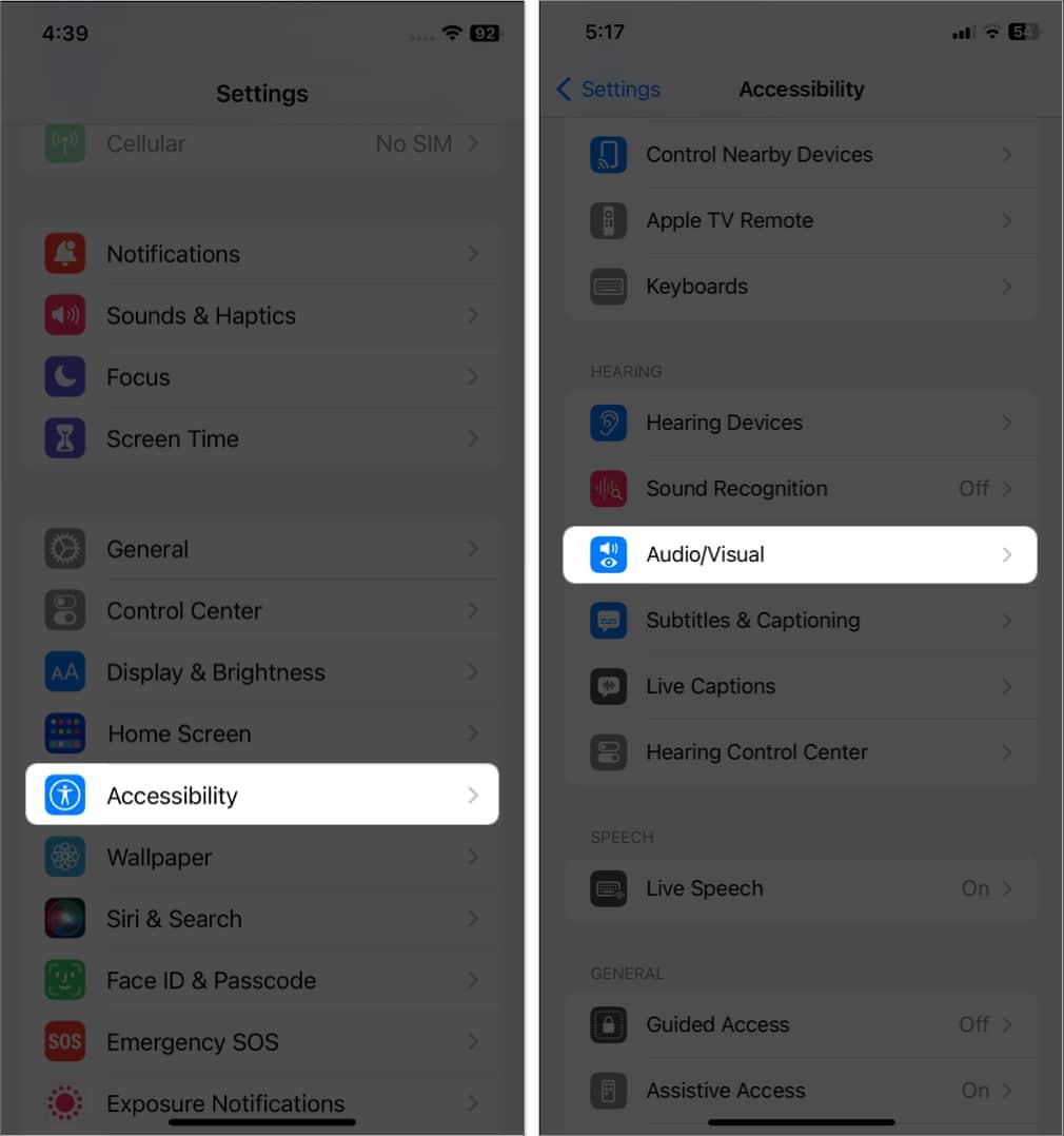 tap accessibility, audio/visual in settings