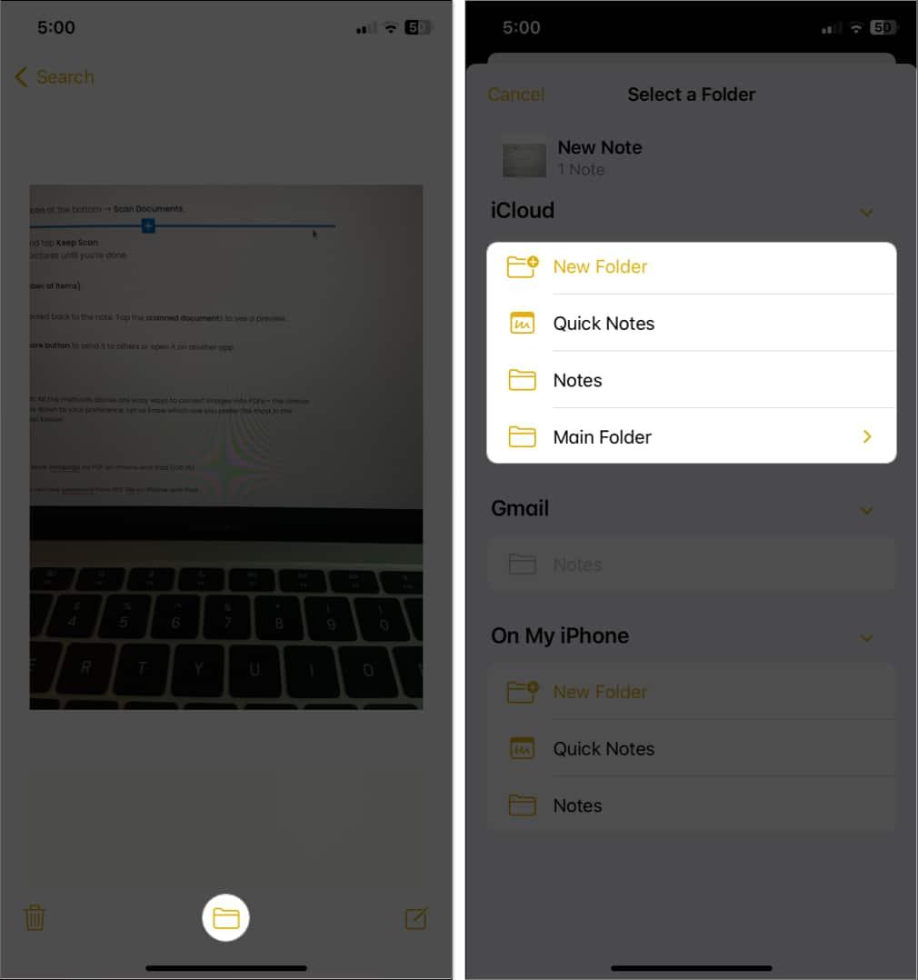 tap the folder icon, select a folder in notes app