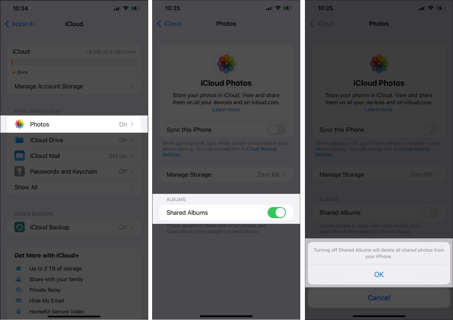 Choose Photos, toggle off Shared Album, tap OK