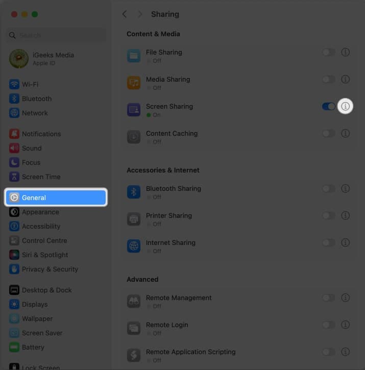 Click the (i) button, toggle on VNC viewers may control screen with password, and enter a password next to Password