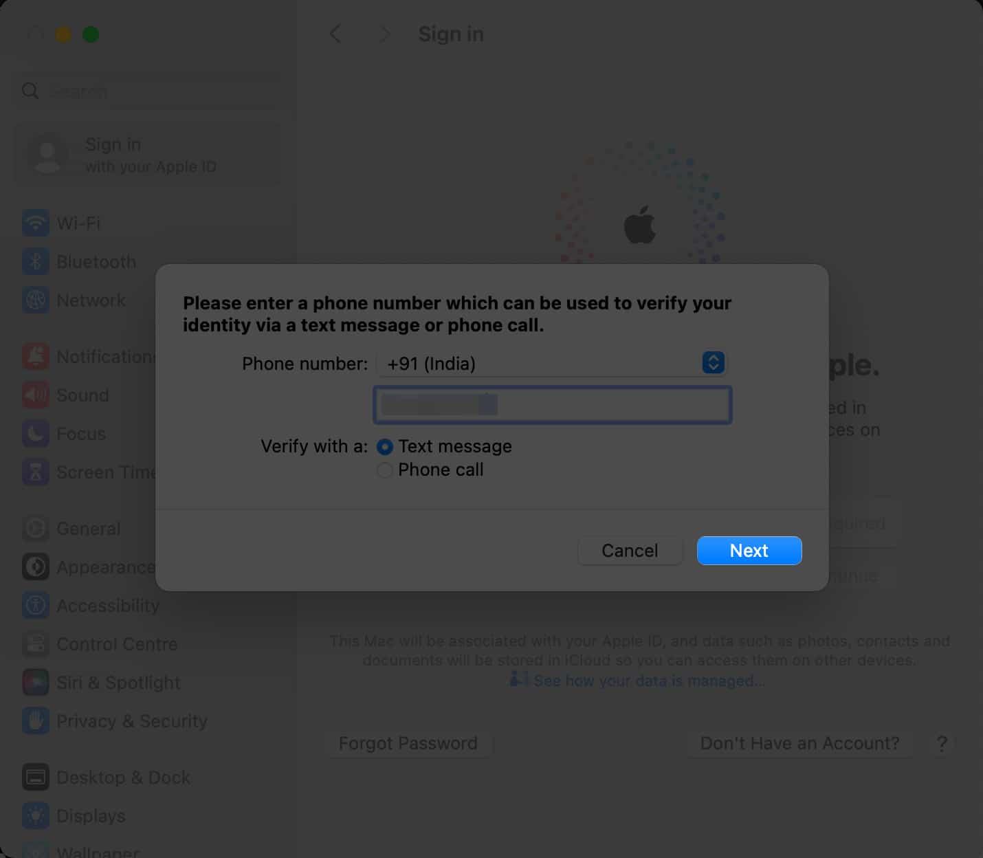 Enter your phone number click next