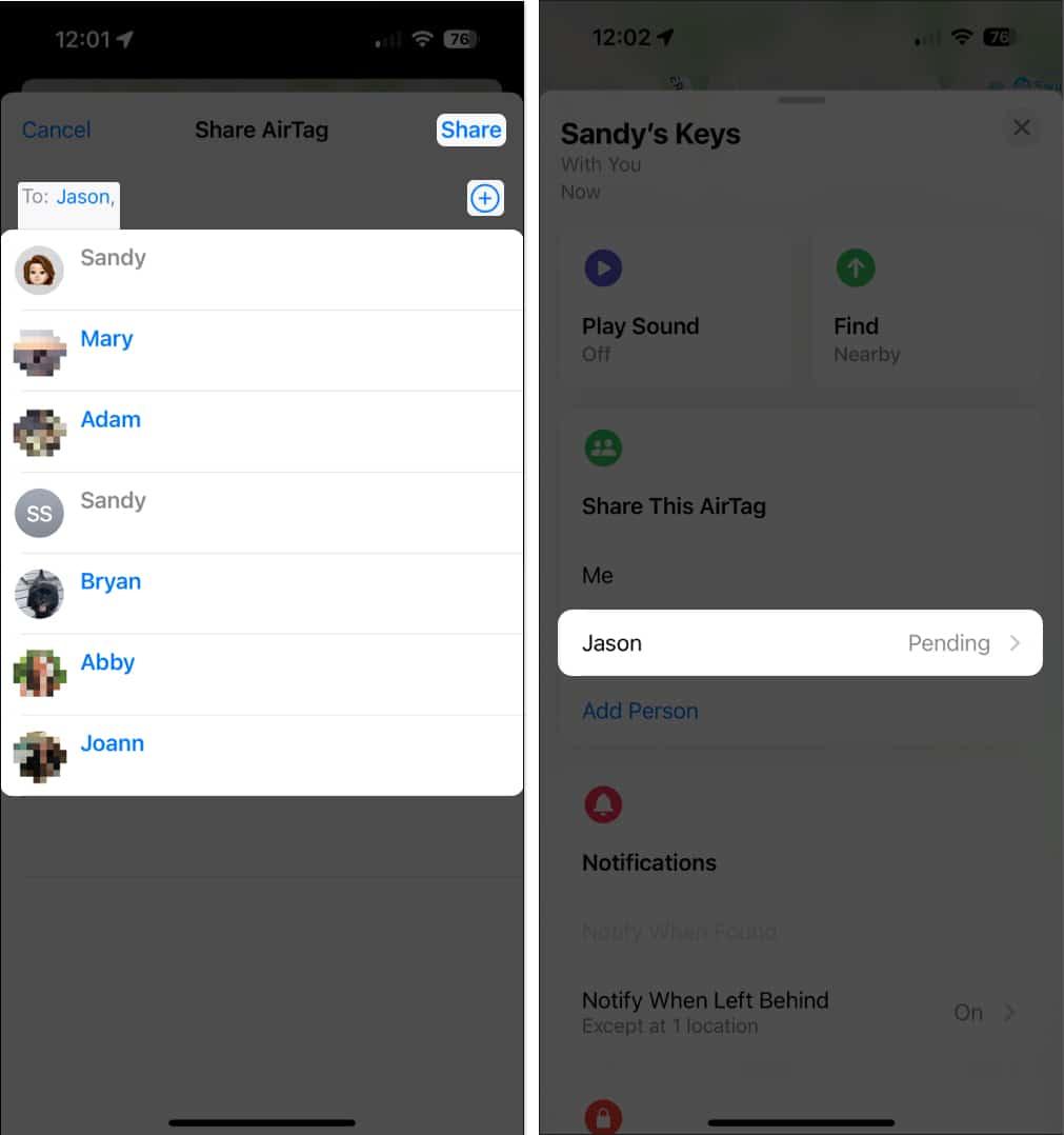 Select person you want to share airtag with