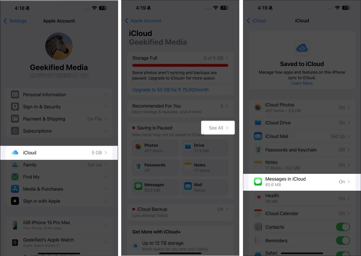 Tap Messages in iCloud in See All on iPhone iCloud.