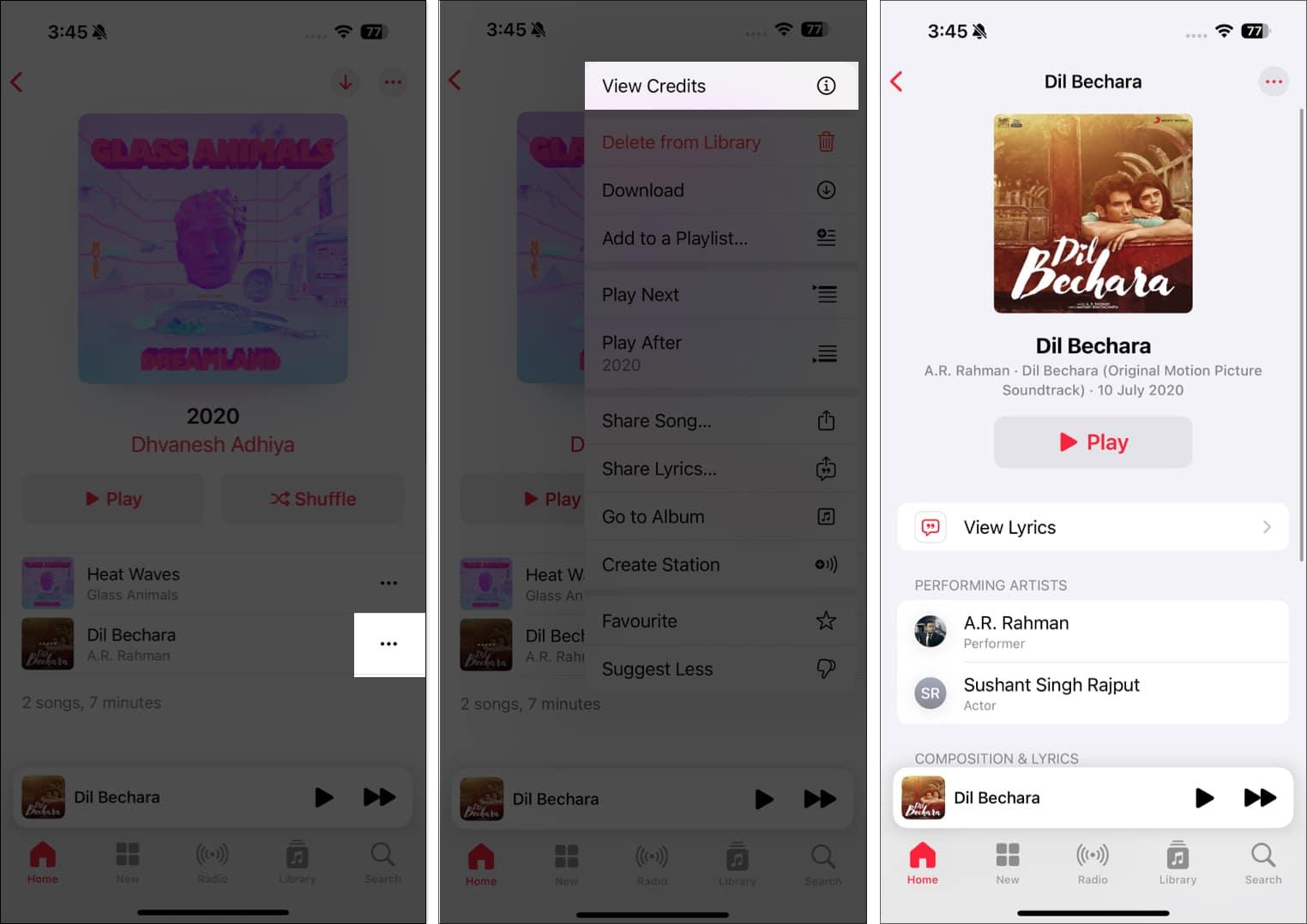 Tap on three dots and select View Credits from the menu.