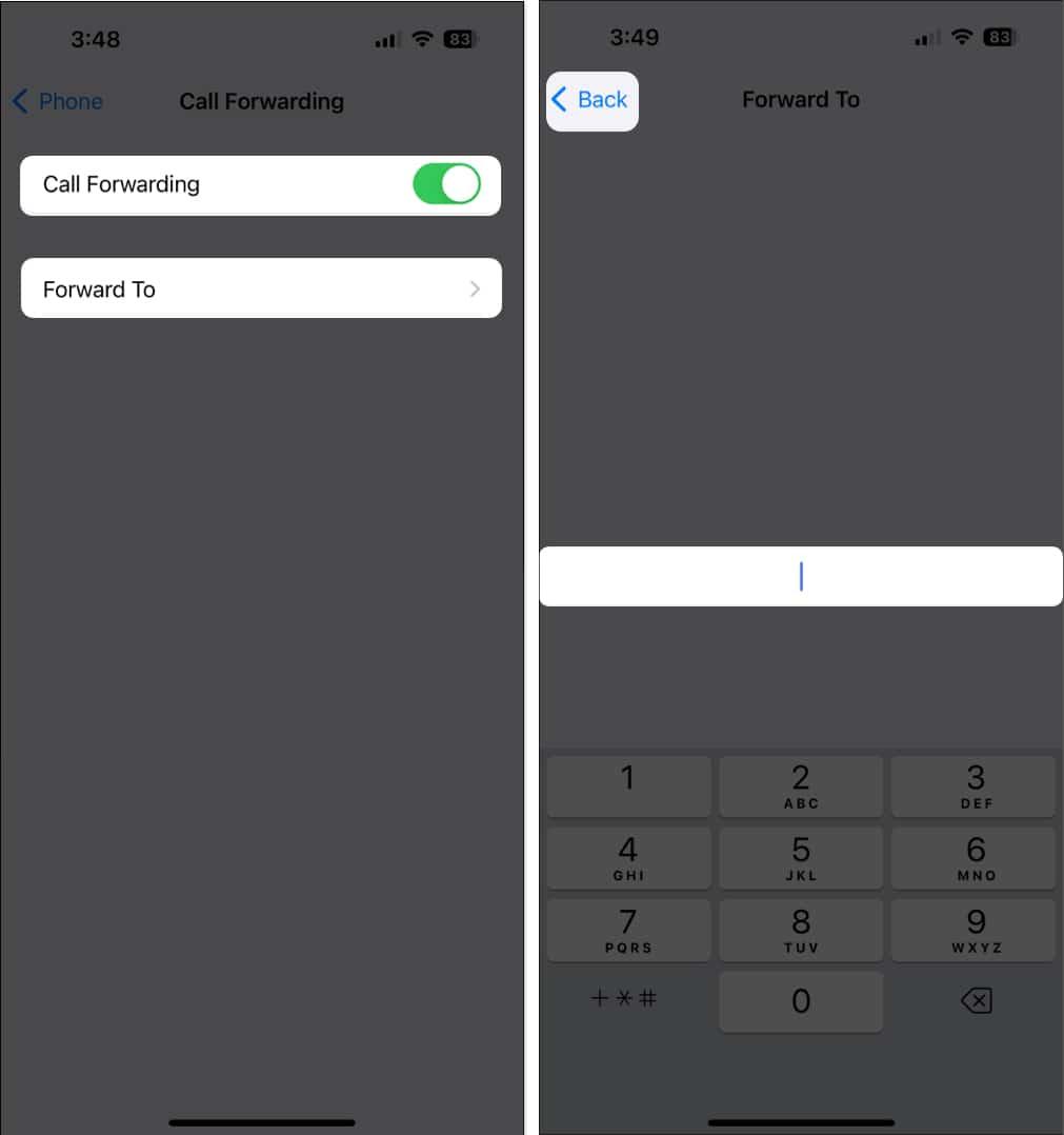 Toggle on Call Forwarding and select Forward to and enter number