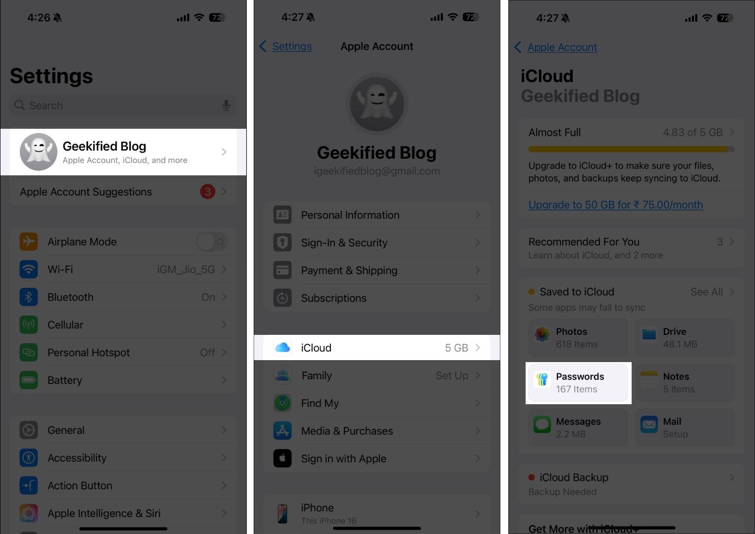 Access Apple ID settings in Settings app and navigate to iCloud and Passwords.