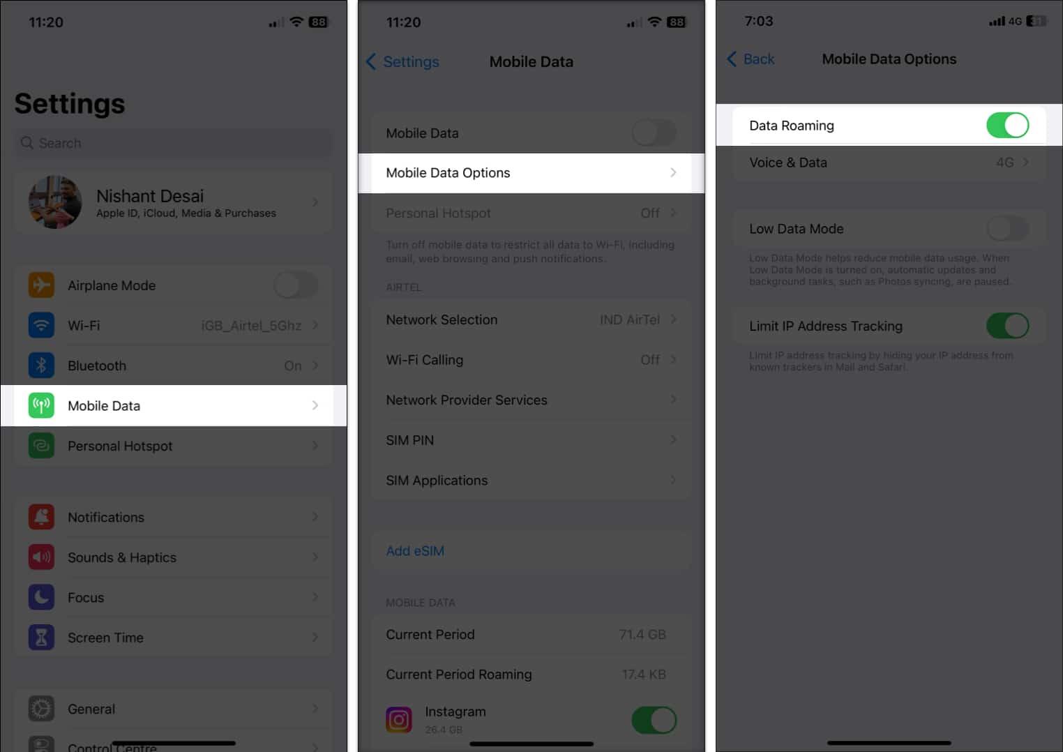 Enable roaming on iphone