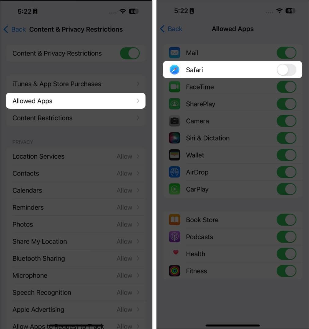 Go to Allowed Apps and Toggle off Safari