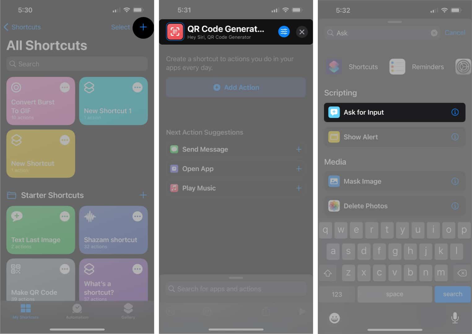 Select the Ask for input option from Shortcuts app on iPhone