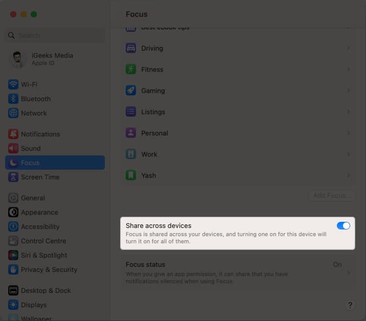 Toggle on share across all devices in focus mode