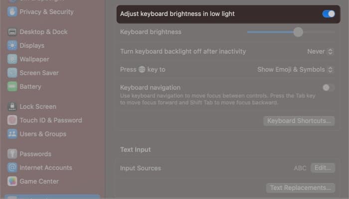 Turn on adjust keyboard brightness in low light