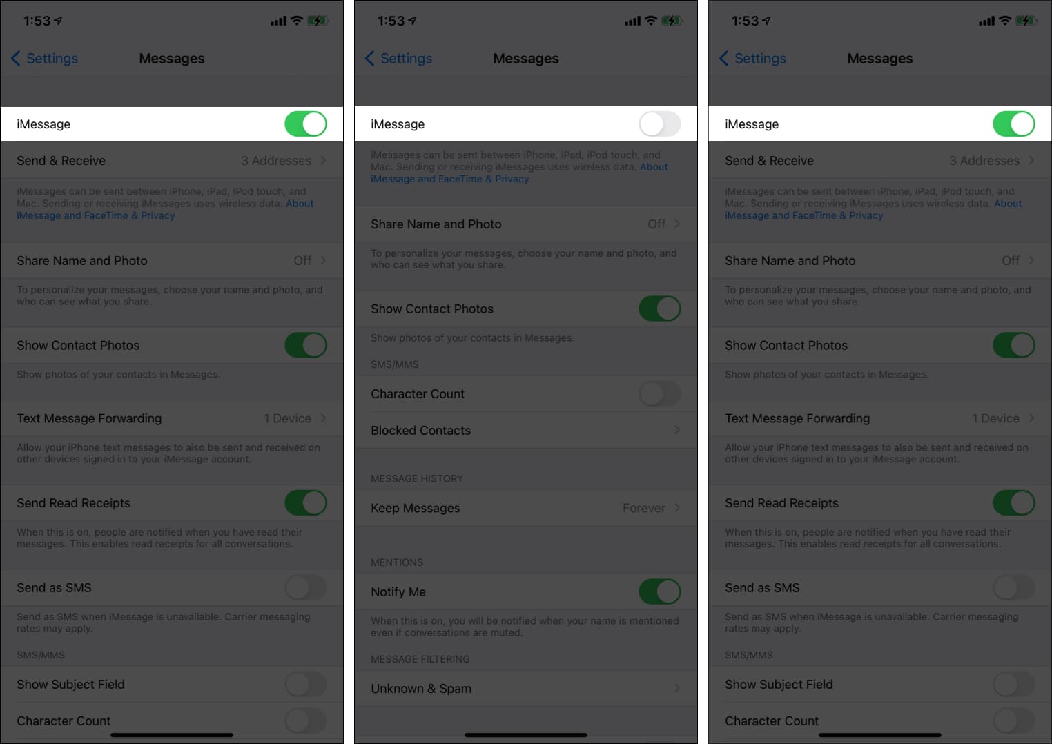 Disable and enable imessage from settings app