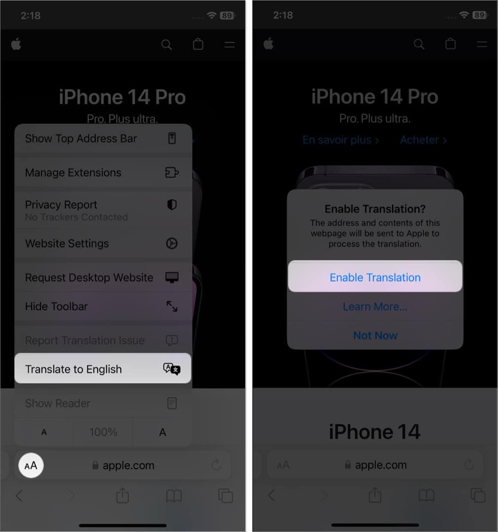 tap aa icon, select translate language, tap enable translation in safari
