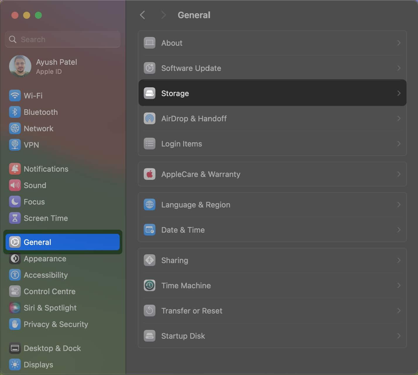 Navigate to General and select Storage