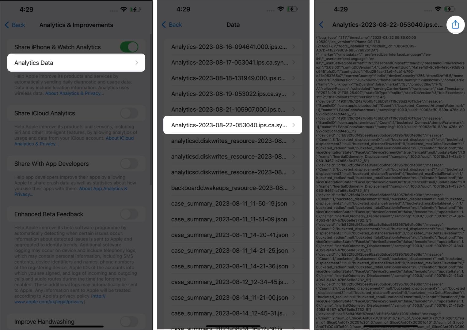 Choose analytics data open the latest analytics file and tap the share icon
