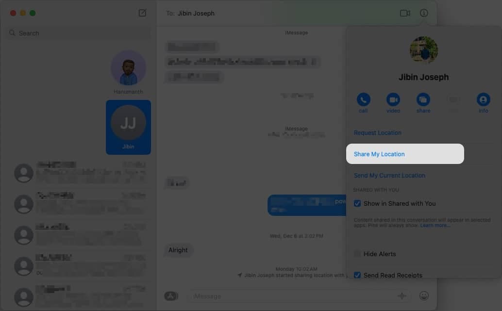 Click Share My Location from the Info button in the Messages app on Mac