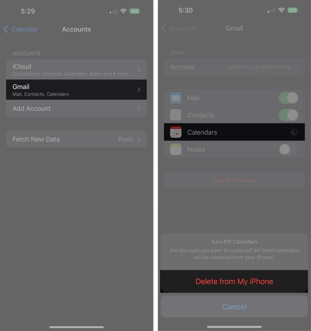 Delete from my iPhone in Calendar Accounts Settings