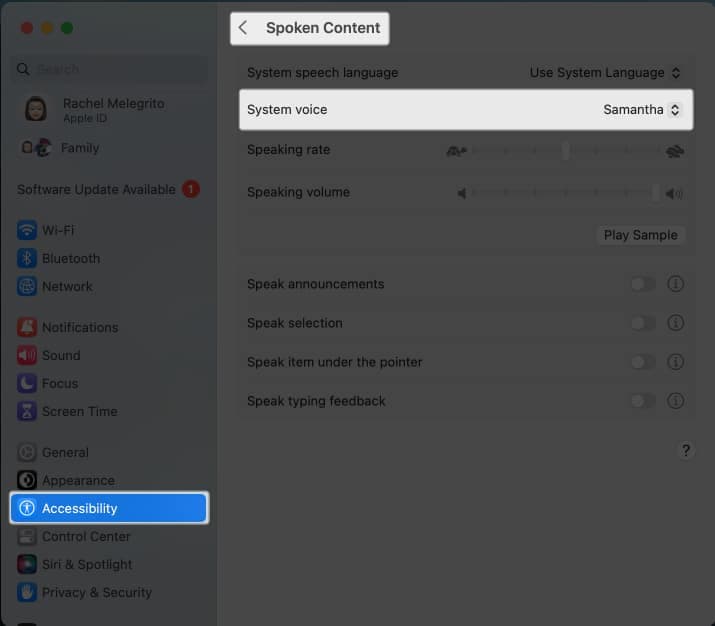 Go to System Settings, Accessibility, Spoken Content, System Voice