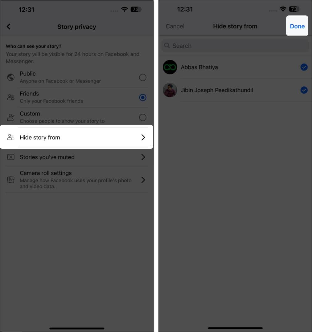 Go to hide story from, select accounts, tap done