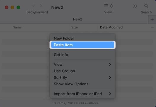 Go to other Location and Right click and Select Paste