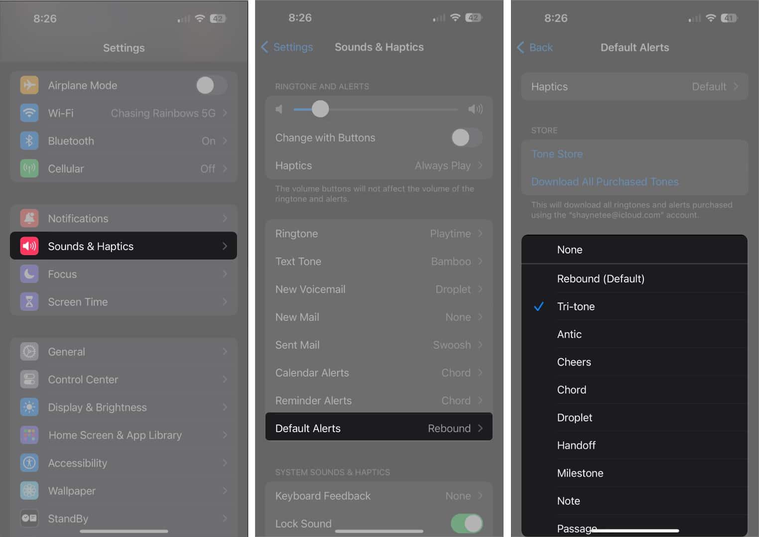 Head to Sound & Haptics, Default Alerts and select new tone