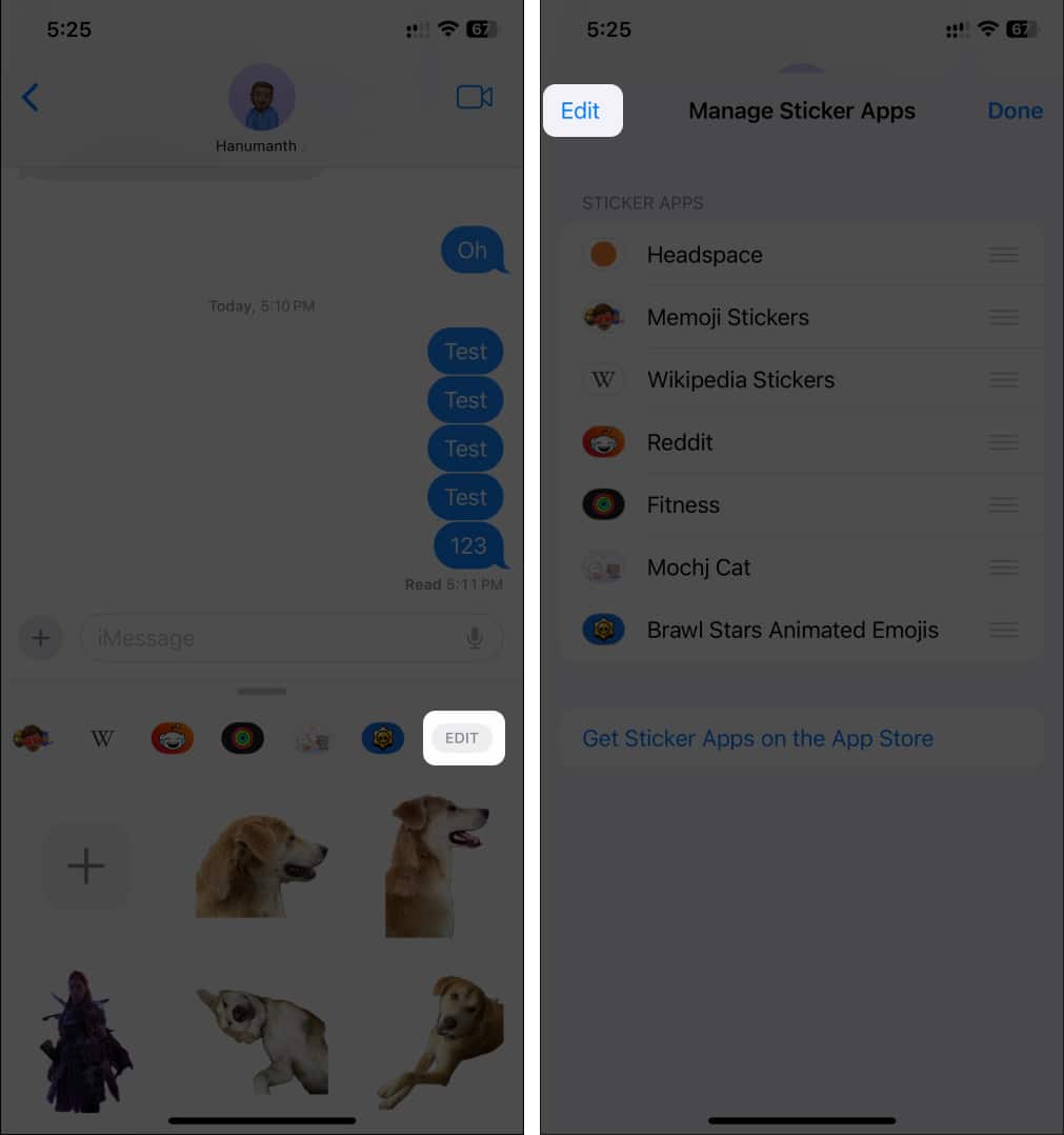 Heading to the edit page of sticker packs in ios 17 through messages