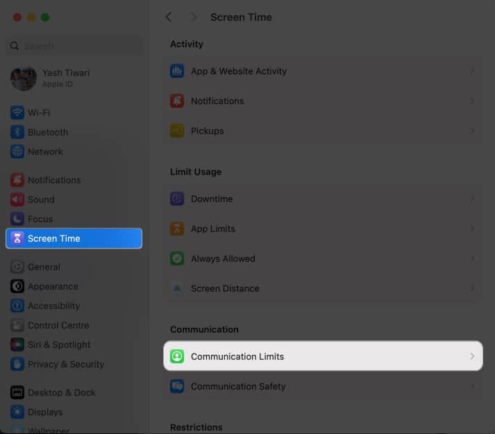 Select Communication Limits in Screen Time