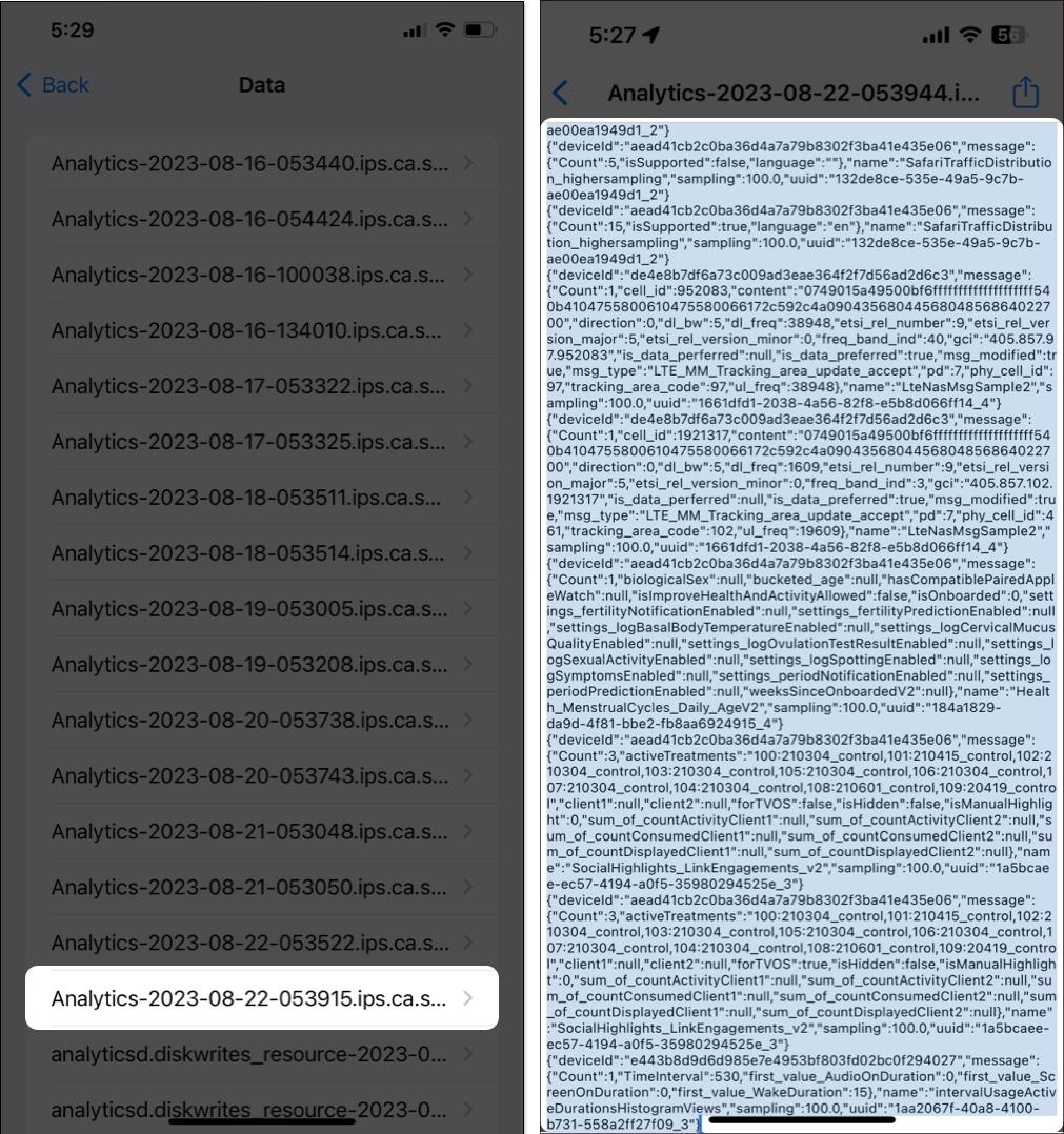 Select the latest analytics file and copy the text