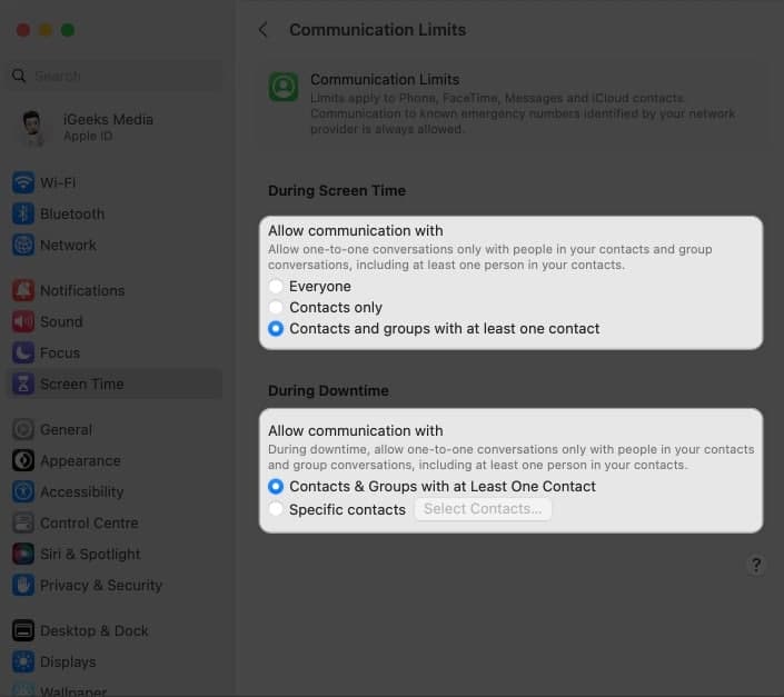 Set the preference as you desire for communication limit