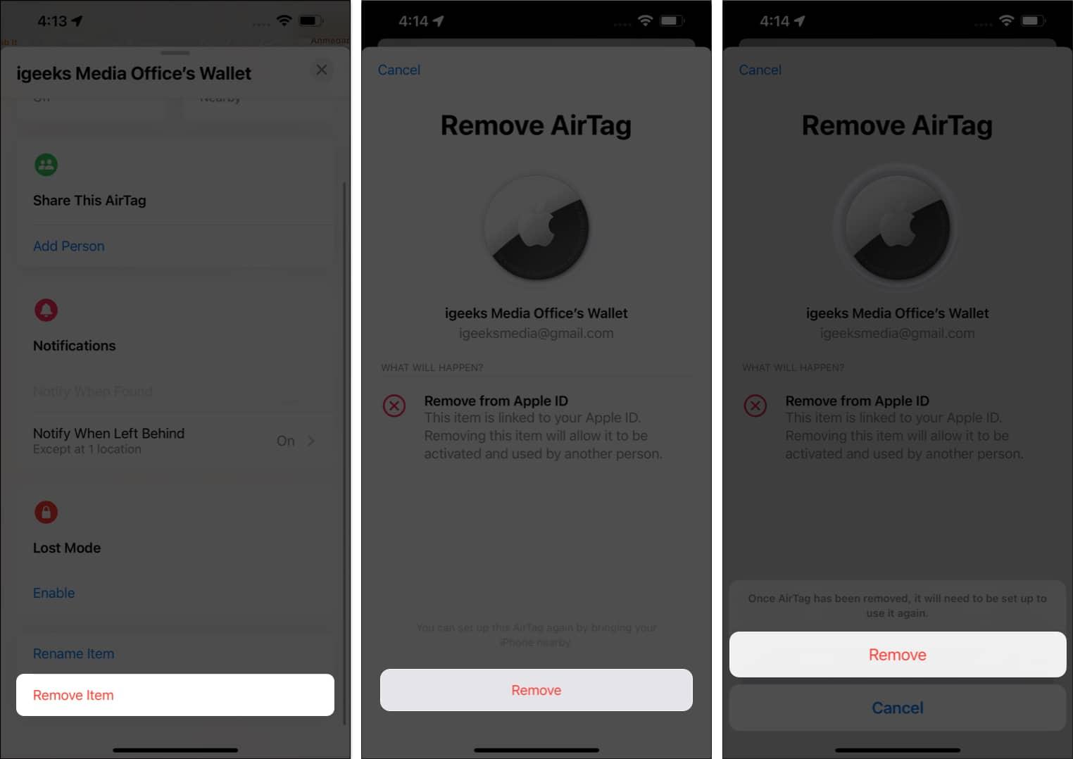 Tap remove item, remove, remove in Find My