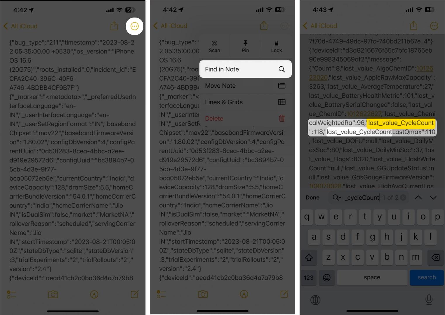 Tap three dots icon slect find in notes and look for last cycle count