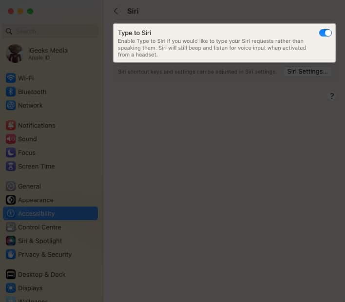 Toggle on Type to Siri